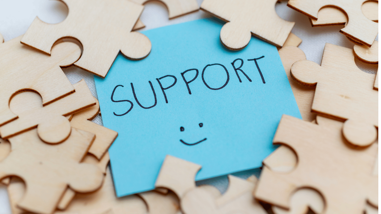 Puzzle pieces with support word in center